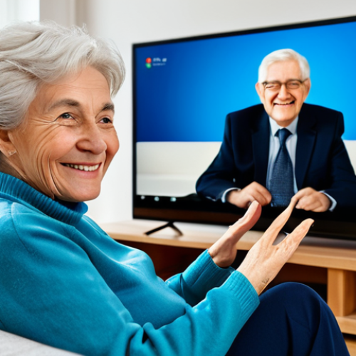 Home 7 Senior Using Smart TV**
A fully clothed elderly woman sits comfortably in her living room, using a smart TV with a large screen and simplified interface. She's smiling gently. The room is bright and cozy, with natural light. Modern, professional photography. Safe for work, appropriate content, modest clothing, perfect anatomy, natural proportions, well-formed hands, proper finger count.
**