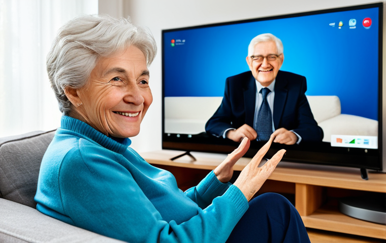 Senior Using Smart TV**
A fully clothed elderly woman sits comfortably in her living room, using a smart TV with a large screen and simplified interface. She's smiling gently. The room is bright and cozy, with natural light. Modern, professional photography. Safe for work, appropriate content, modest clothing, perfect anatomy, natural proportions, well-formed hands, proper finger count.
**